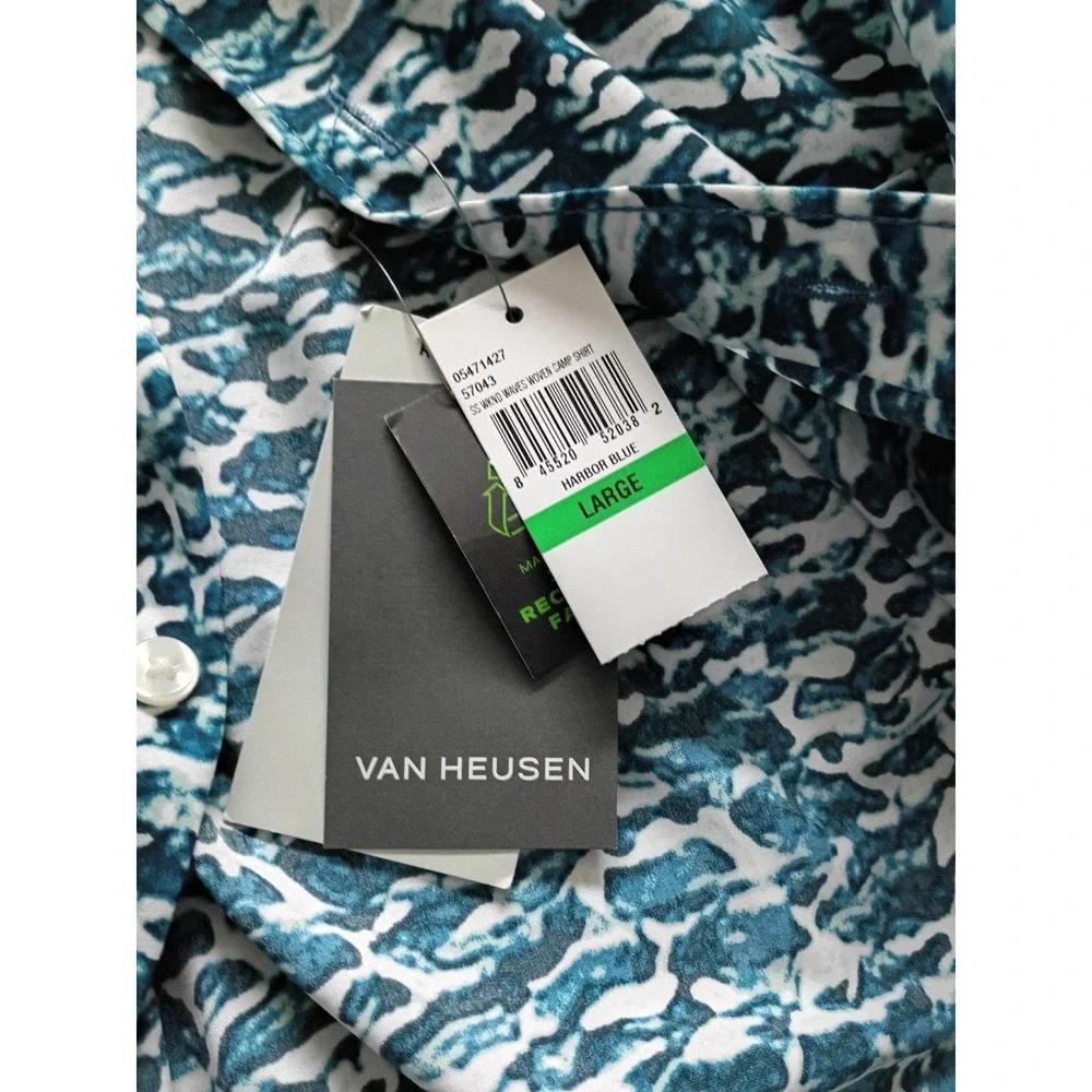 Van Heusen SS‎ Wind Waves Abstract Print Button-Up Shirt Large Harbor Blue White